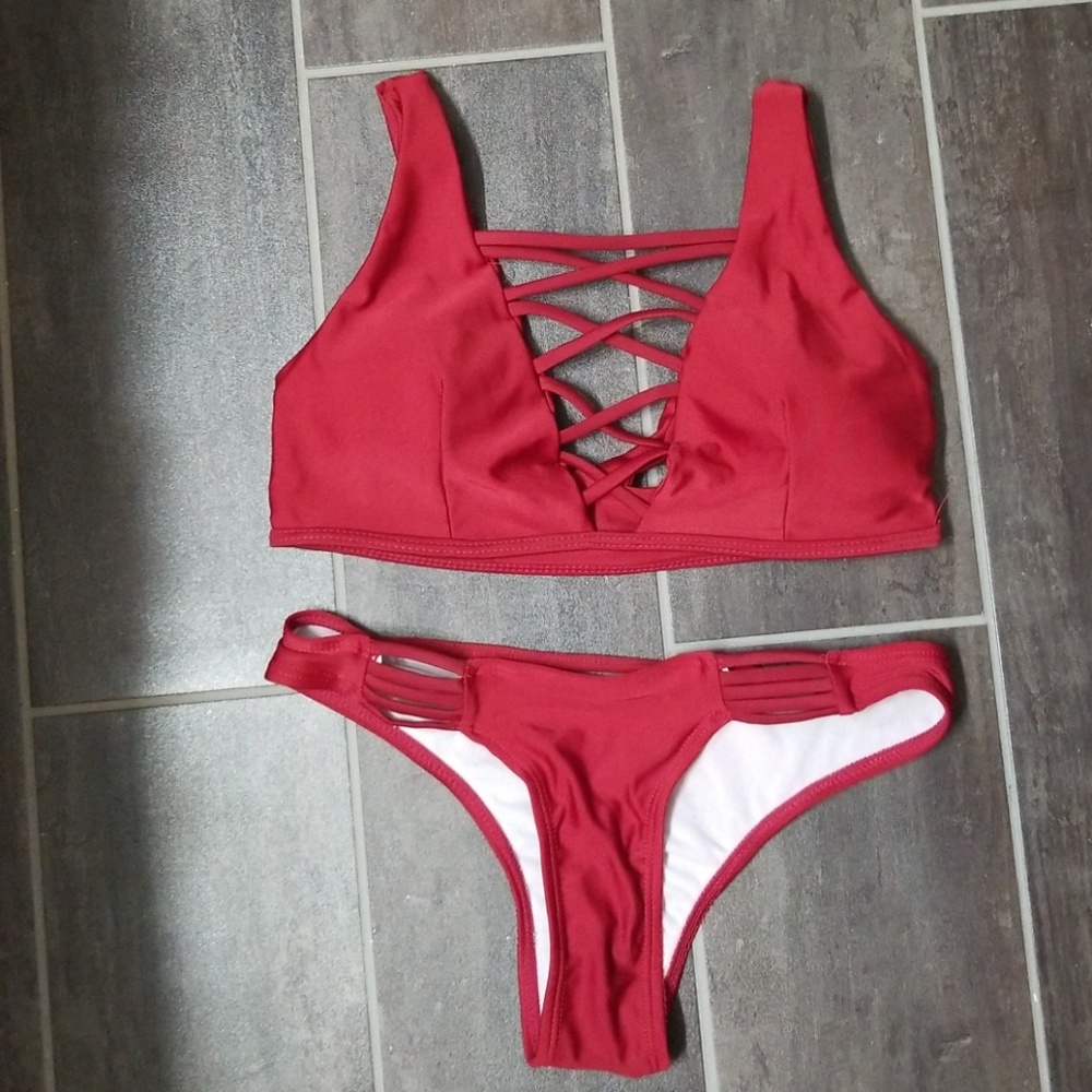 Burgundy colored bikini top with matching bottom
